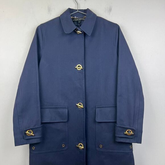 Ralph Lauren Black Label Womans Pea Coat Blue Cotton Solid Long Pockets Size 6 - Picture 2 of 8